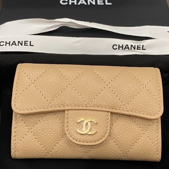 CHANEL CC Card Holder Caviar Leather Wallet Beige